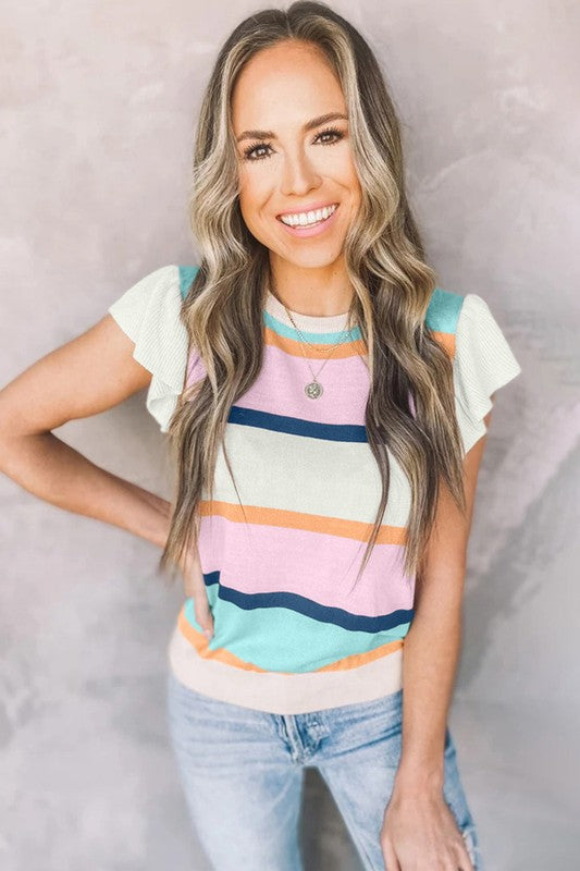 Multicolour Striped Colorblock Flutter Sleeve Knit