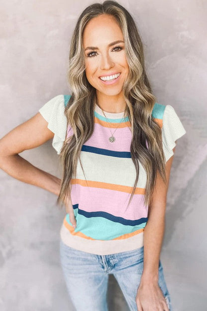 Multicolour Striped Colorblock Flutter Sleeve Knit
