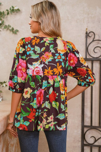 Gray Flower Embroidered Trim Half Sleeve Blouse