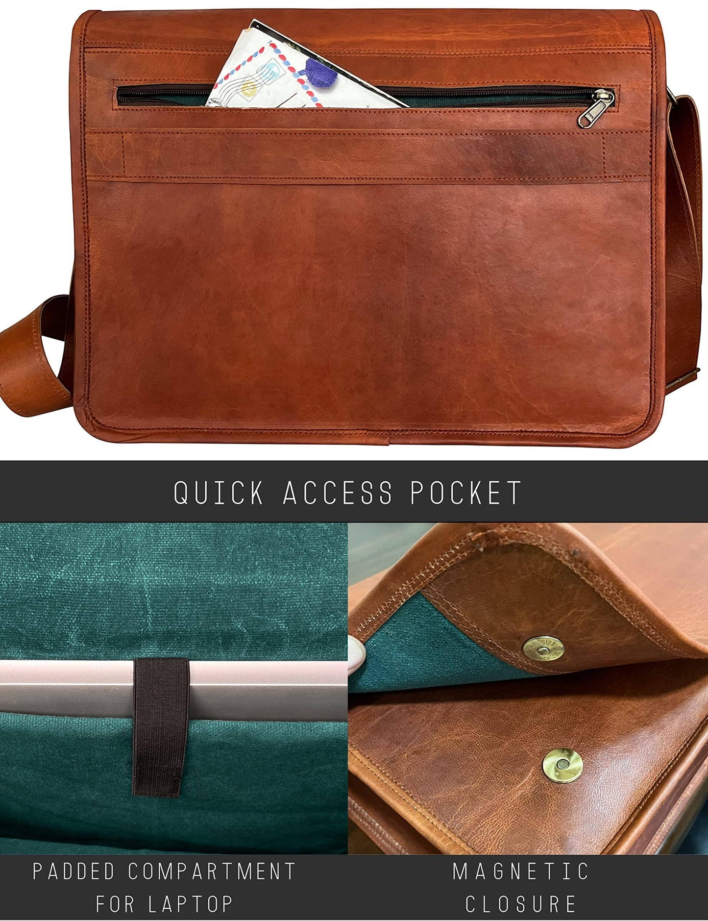 Genuine Leather Crossbody Messenger Bag – Full-Grain Goat Leather 15.6″ Laptop Satchel