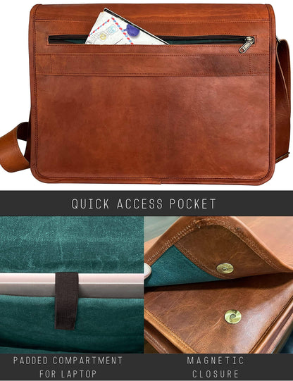 Genuine Leather Crossbody Messenger Bag – Full-Grain Goat Leather 15.6″ Laptop Satchel