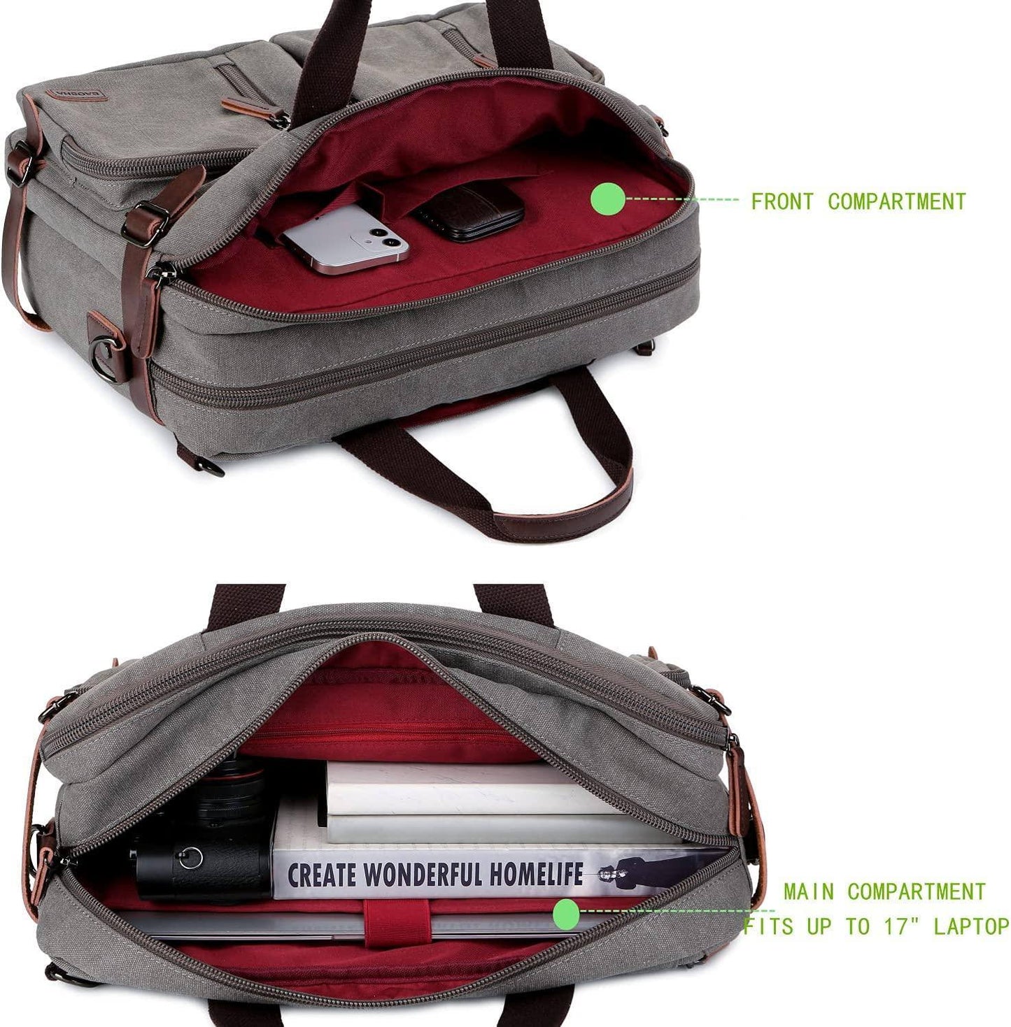 Convertible Briefcase Backpack – 3-in-1 Laptop Bag (17″) with Red Lining