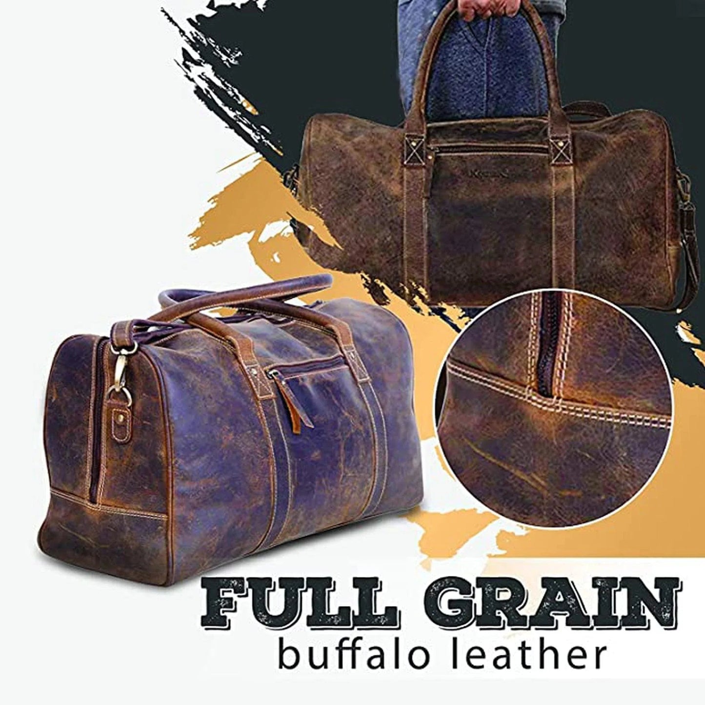 Buffalo Leather Duffel Bag – Vintage Distressed Weekender (20")