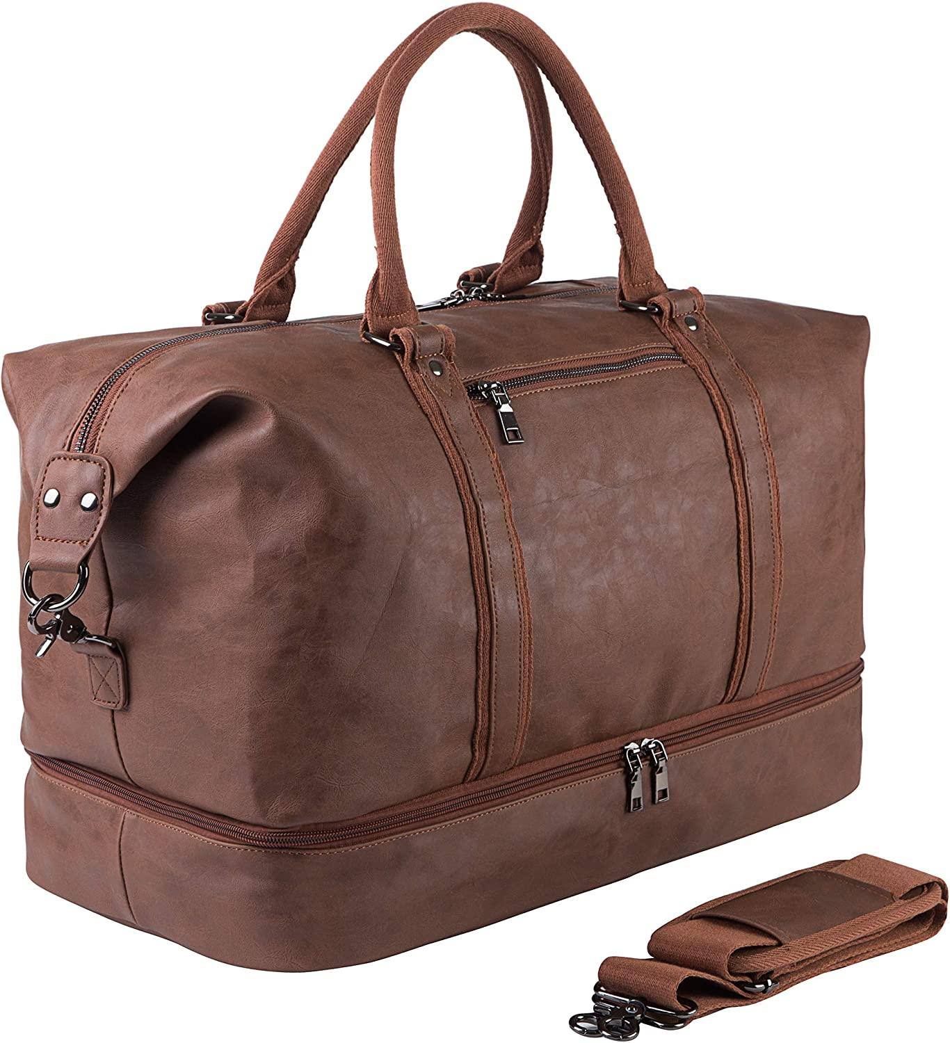 Leather Travel Bag with Shoe Pouch – 52L PU Leather Weekender Duffel