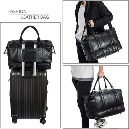 Leather Travel Bag with Shoe Pouch – 52L PU Leather Weekender Duffel