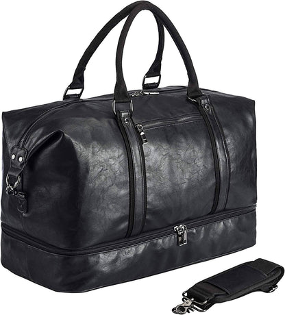 Leather Travel Bag with Shoe Pouch – 52L PU Leather Weekender Duffel