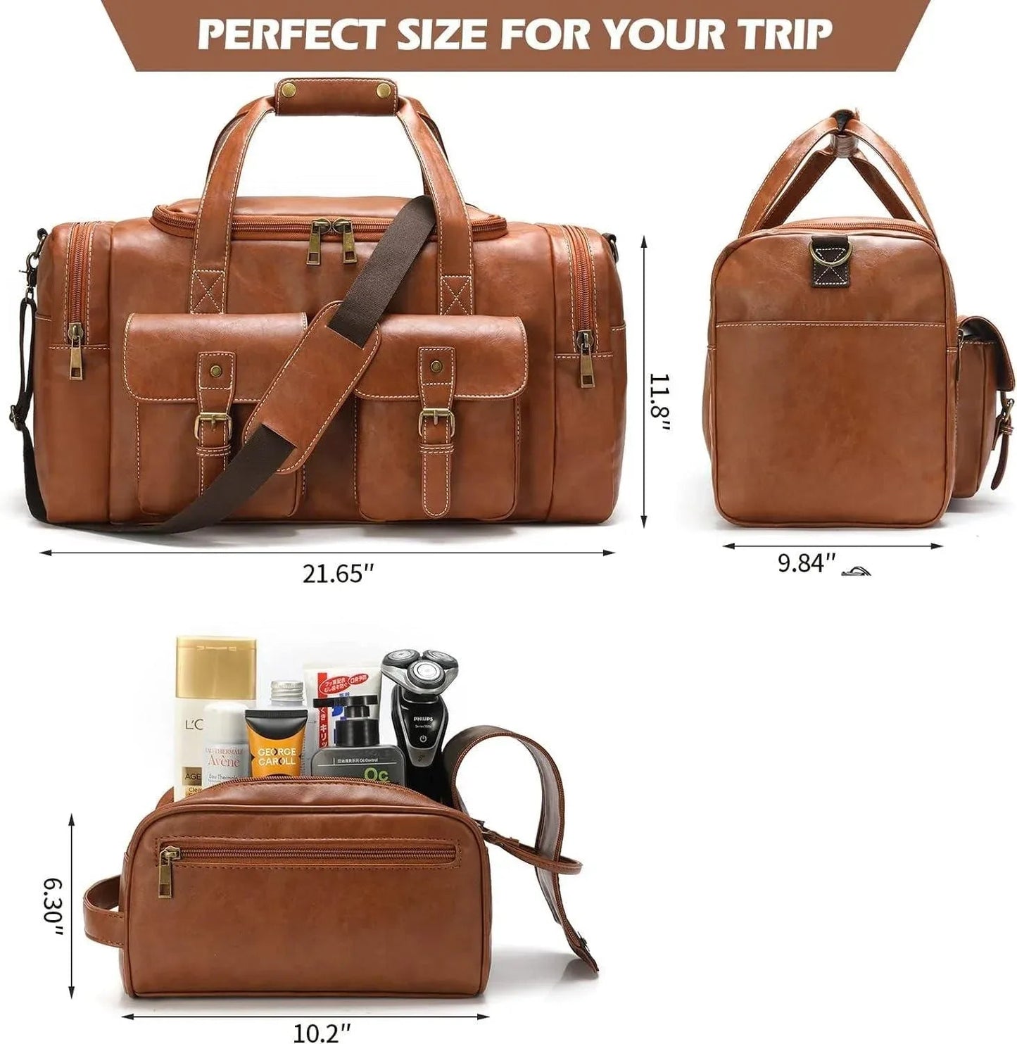 Leather Travel Set – 3-Piece PU Leather Duffel, Toiletry & Laundry Bag