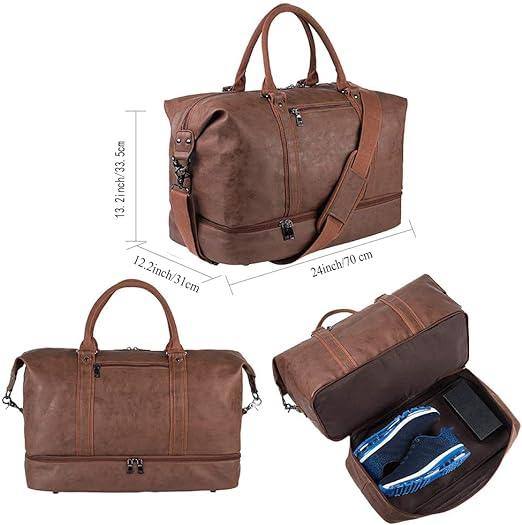 Leather Travel Bag with Shoe Pouch – 24″ Vegan Weekender Duffel