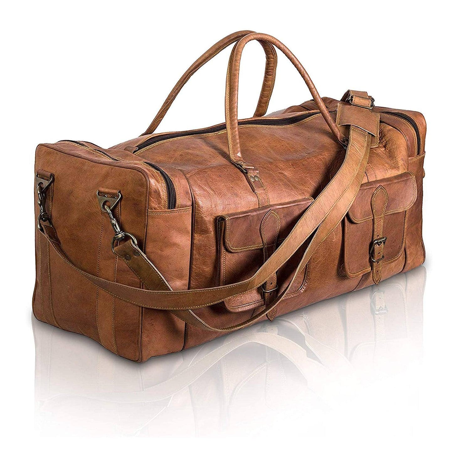 Full Grain Leather Duffel Bag – 32″ Handcrafted Weekender with Canvas Lining