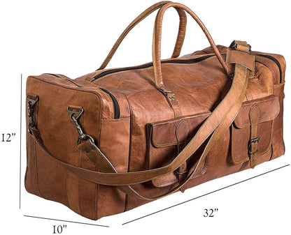 Full Grain Leather Duffel Bag – 32″ Handcrafted Weekender with Canvas Lining