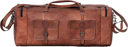 Full Grain Leather Duffel Bag – 32″ Handcrafted Weekender with Canvas Lining