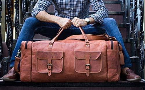 Full Grain Leather Duffel Bag – 32″ Handcrafted Weekender with Canvas Lining
