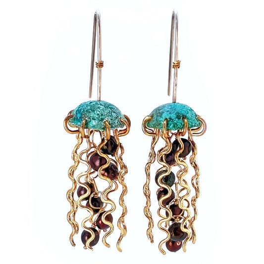 Green Copper Jellyfish Earrings with Dark Pearls and Sterling Silver Earwires