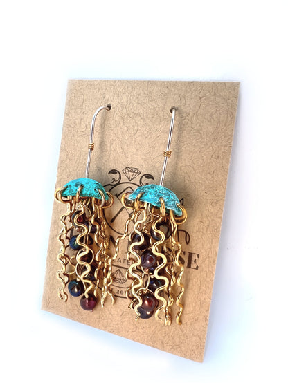 Green Copper Jellyfish Earrings with Dark Pearls and Sterling Silver Earwires