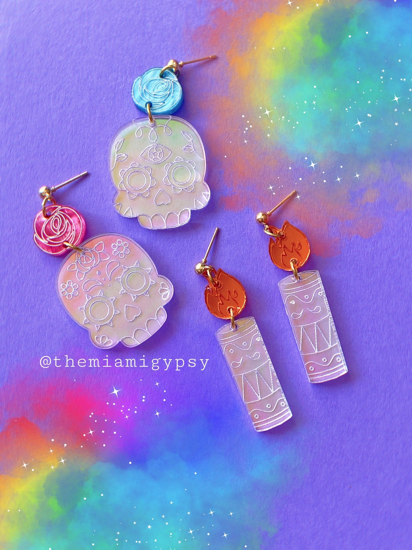 Iridescent Dia de los muertos Candle Earrings
