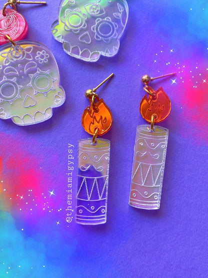Iridescent Dia de los muertos Candle Earrings