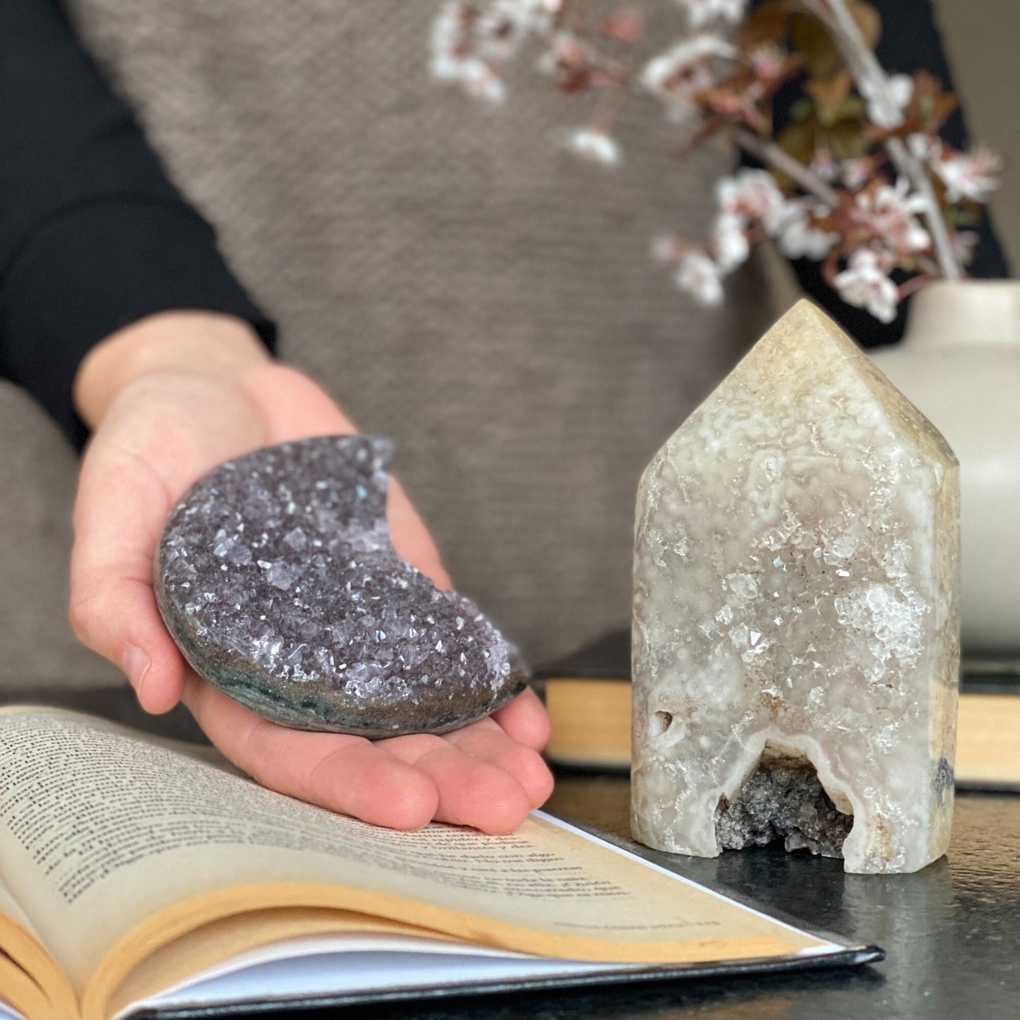 Amethyst moon cluster and Agate Crystal Tower, Large moon amethyst crystal, Crescent moon amethyst, Druzy moon, Amethyst crystal