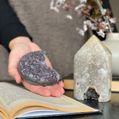 Amethyst moon cluster and Agate Crystal Tower, Large moon amethyst crystal, Crescent moon amethyst, Druzy moon, Amethyst crystal