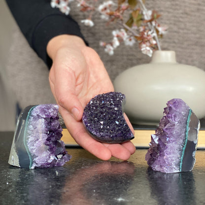 Deep Purple amethyst set (3 pieces), amethysts geodes and Moon, healing crystals