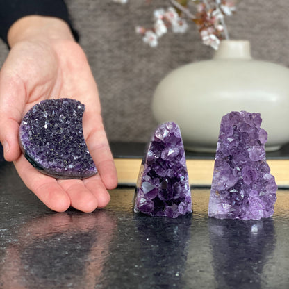 Deep Purple amethyst set (3 pieces), amethysts geodes and Moon, healing crystals