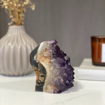 Amethyst geode with Agate banded, Amethyst self standing, Unique crystal cluster