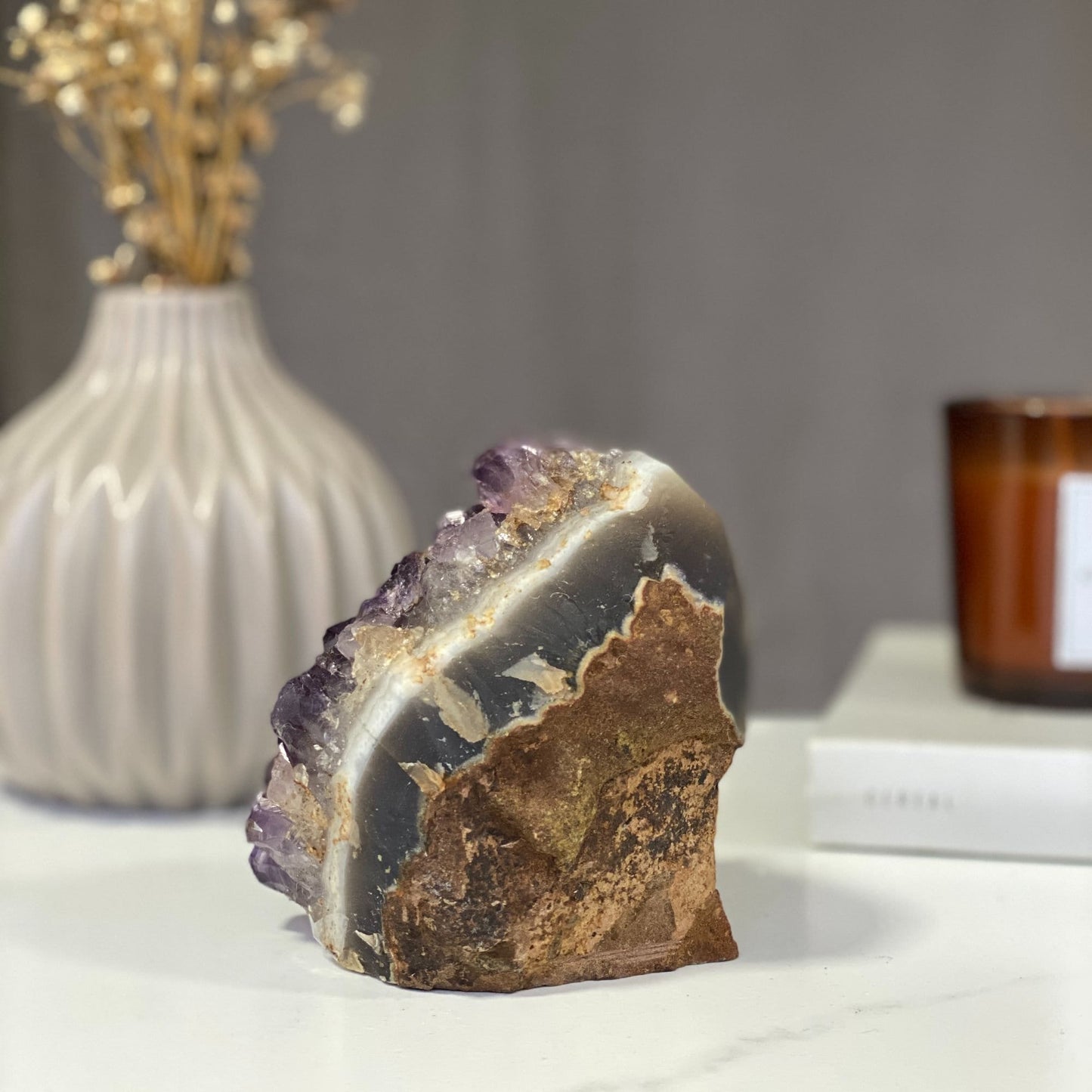 Amethyst geode with Agate banded, Amethyst self standing, Unique crystal cluster