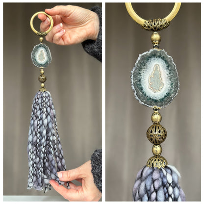 Crystal Garland with Stalactite Stone and Merino Wool Tassels, One of a kind decor piece, Natural Wall Hanging, multiple uses Jasper Gift