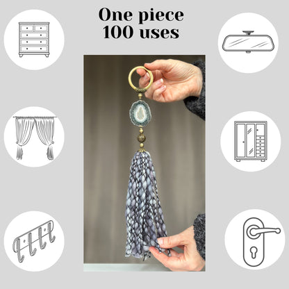 Crystal Garland with Stalactite Stone and Merino Wool Tassels, One of a kind decor piece, Natural Wall Hanging, multiple uses Jasper Gift