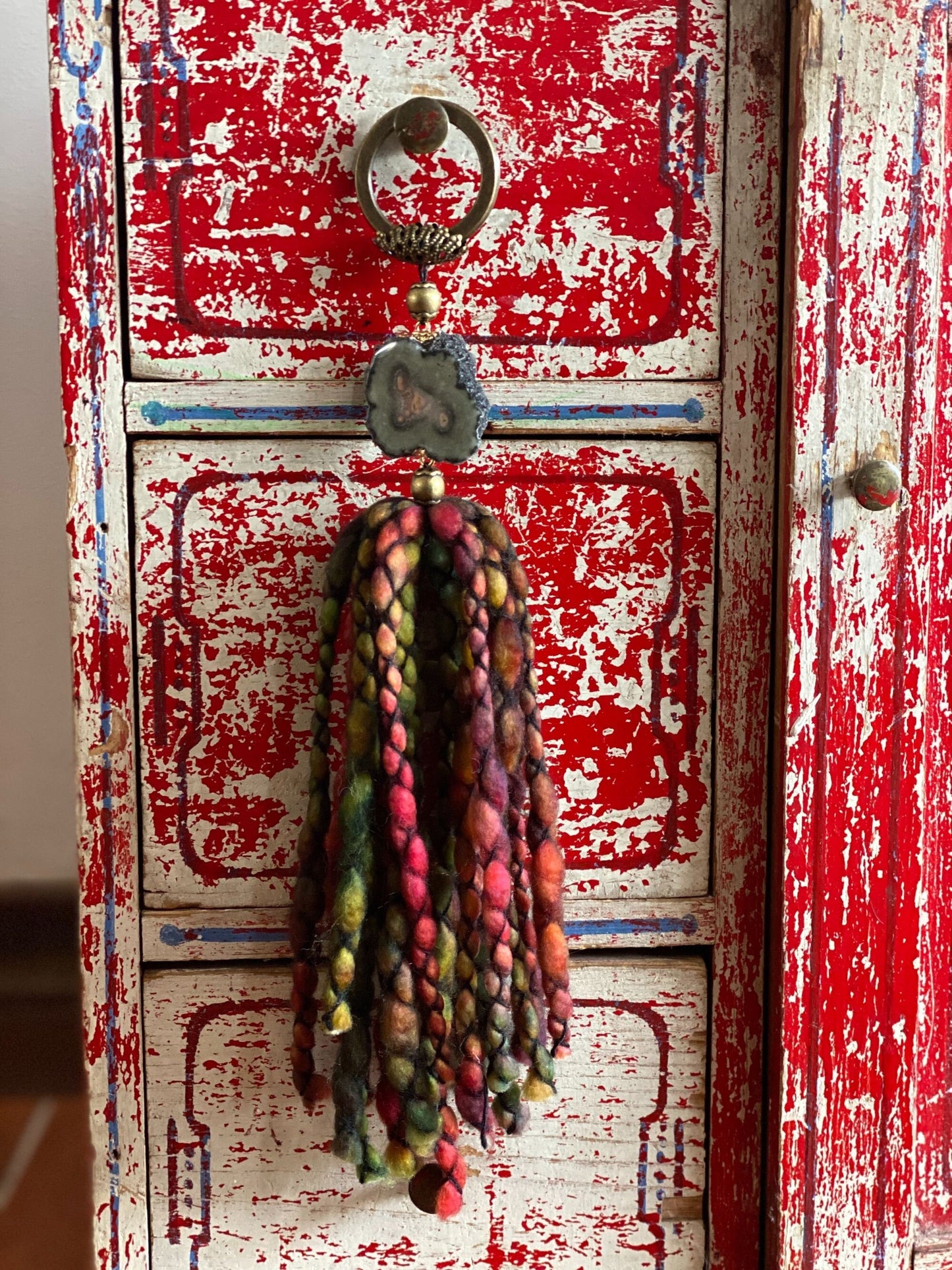 Amethyst Stalactite and Merino Wool Garland, Door knob tassel, Wall Hanging, multiple uses crystal gift