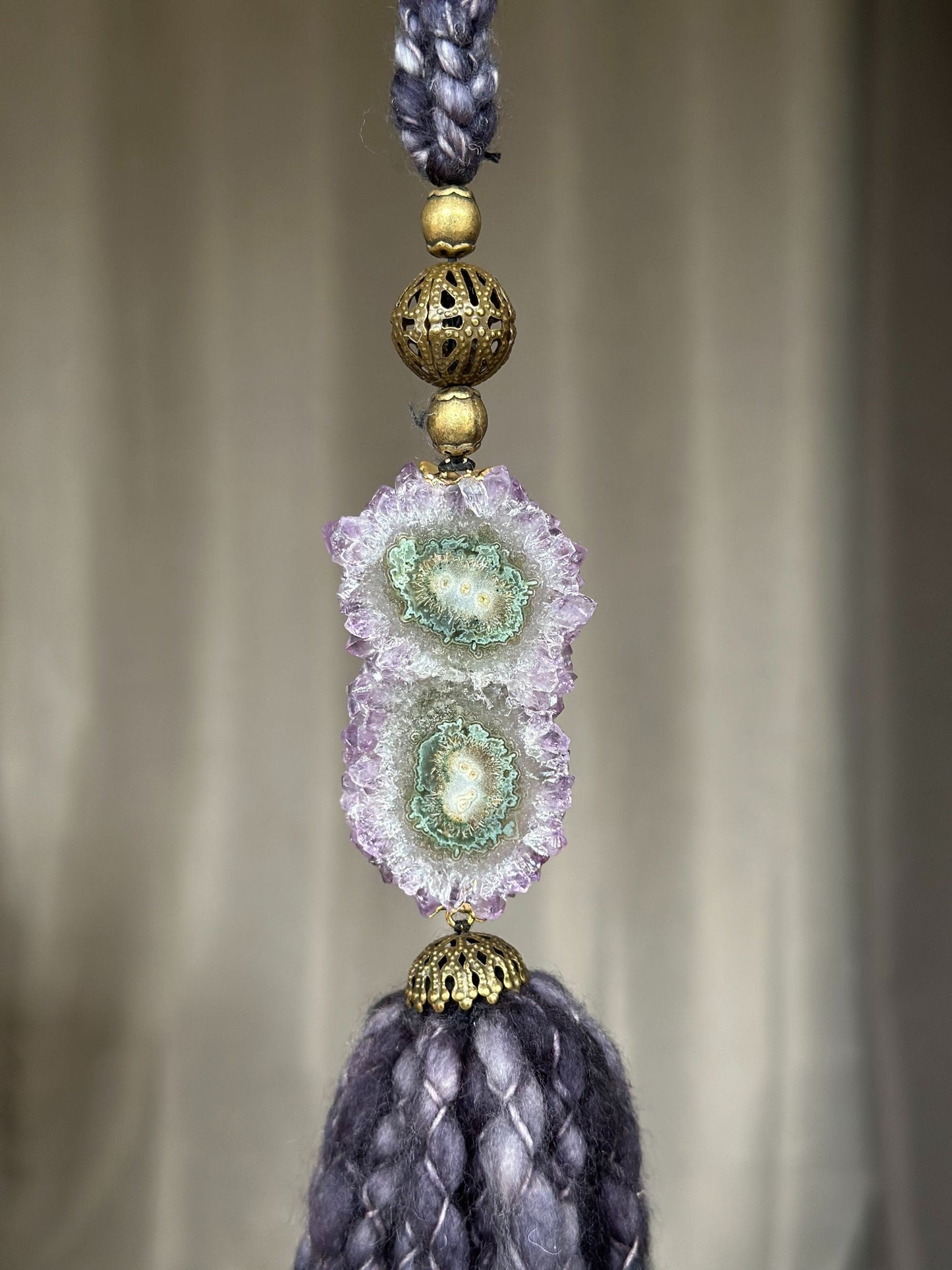 Curtains Tie Back with Amethyst Crystal and Merino Wool Tassels, Garland with Stalactite Stone, window curtains holder, Natural Wall Hanging