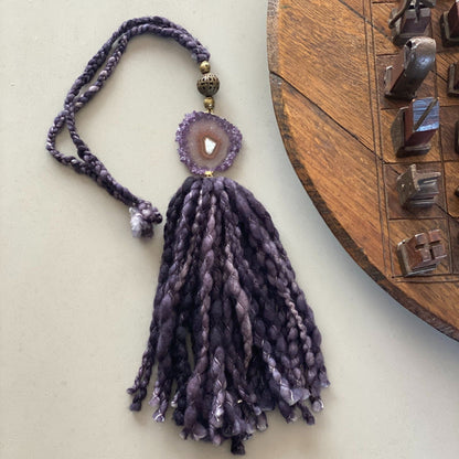 Curtains Tie Back with Amethyst Crystal and Merino Wool Tassels, Garland with Stalactite Stone, window curtains holder, Natural Wall Hanging