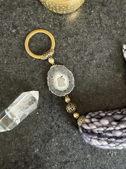 Crystal Garland with Stalactite Stone and Merino Wool Tassels, One of a kind decor piece, Natural Wall Hanging, multiple uses Jasper Gift