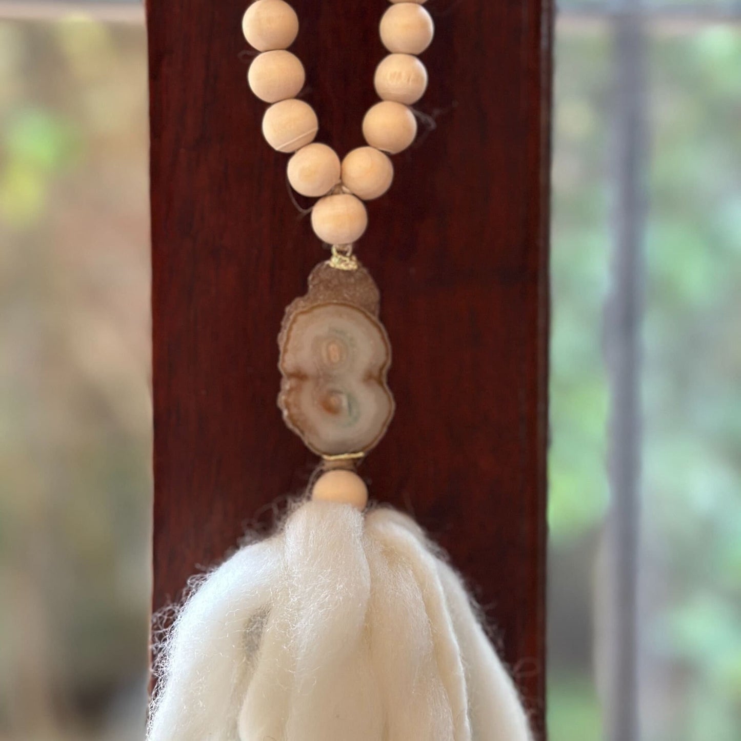 Beaded Garland with Tassels made from Merino Wool and Stalactite Crystal, One of a kind decor piece, Boho Beads for Coffee Table