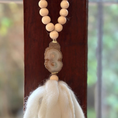 Beaded Garland with Tassels made from Merino Wool and Stalactite Crystal, One of a kind decor piece, Boho Beads for Coffee Table