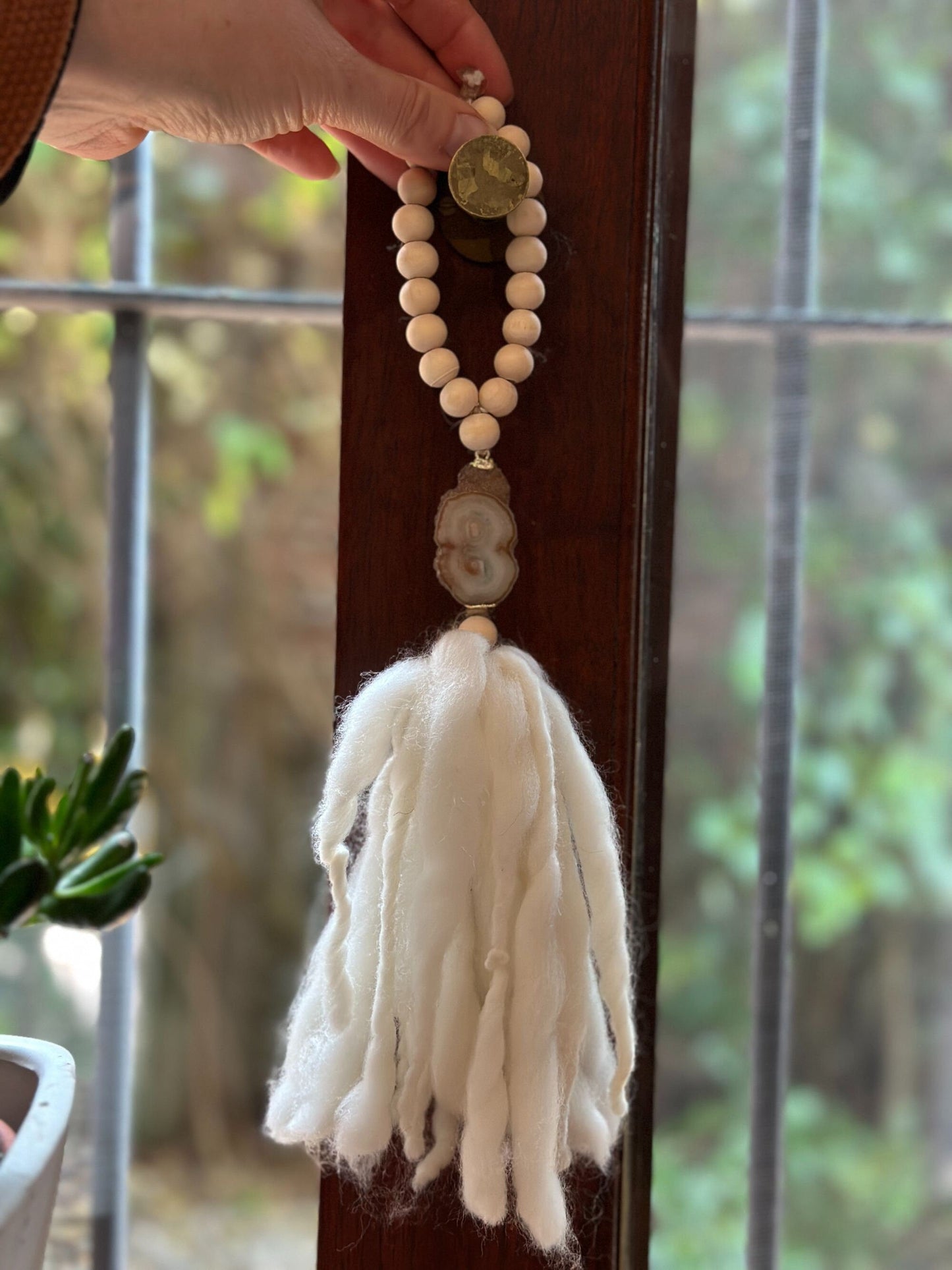 Beaded Garland with Tassels made from Merino Wool and Stalactite Crystal, One of a kind decor piece, Boho Beads for Coffee Table