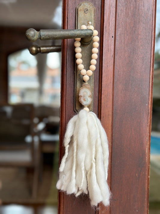 Beaded Garland with Tassels made from Merino Wool and Stalactite Crystal, One of a kind decor piece, Boho Beads for Coffee Table