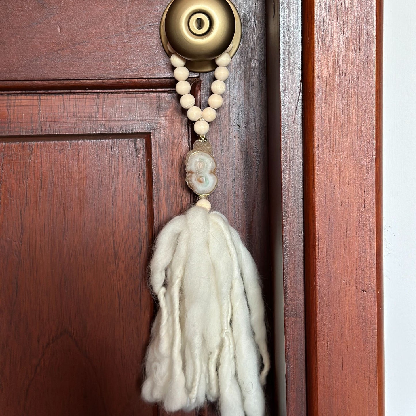 Beaded Garland with Tassels made from Merino Wool and Stalactite Crystal, One of a kind decor piece, Boho Beads for Coffee Table