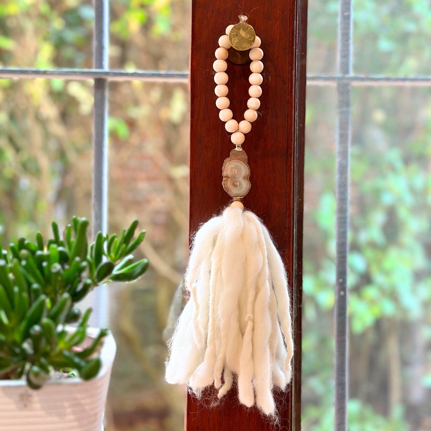Beaded Garland with Tassels made from Merino Wool and Stalactite Crystal, One of a kind decor piece, Boho Beads for Coffee Table