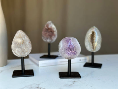 Egg Shaped Crystal on Stand, Agate and Pink Amethyst, Rare Unique Jasper and Agate Crystal on Metal Stand, Elevate your home decor