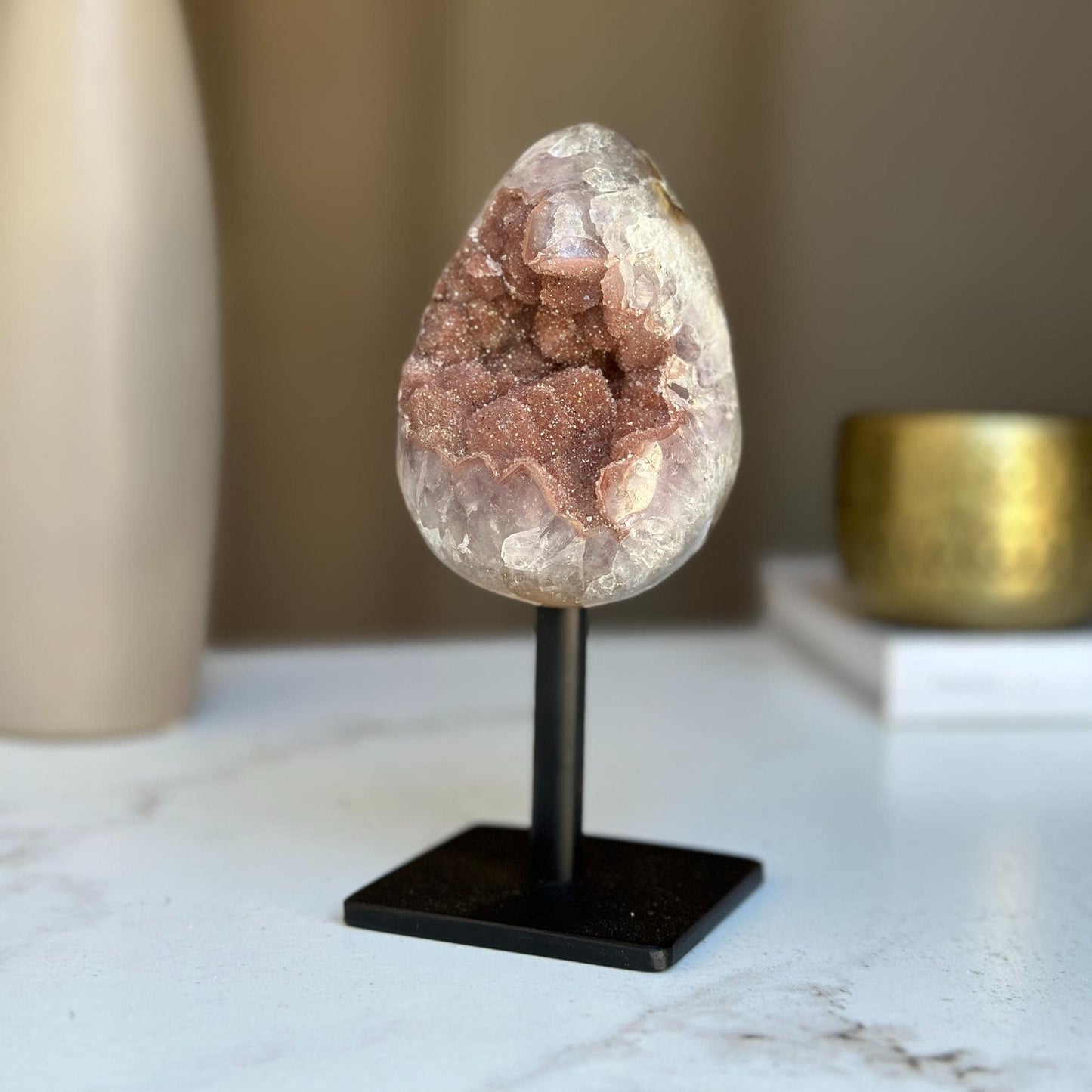 Egg Shaped Crystal on Stand, Agate and Pink Amethyst, Rare Unique Jasper and Agate Crystal on Metal Stand, Elevate your home decor
