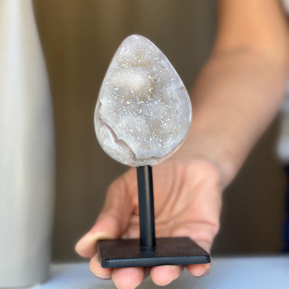 Egg Shaped Crystal on Stand, Agate and Pink Amethyst, Rare Unique Jasper and Agate Crystal on Metal Stand, Elevate your home decor