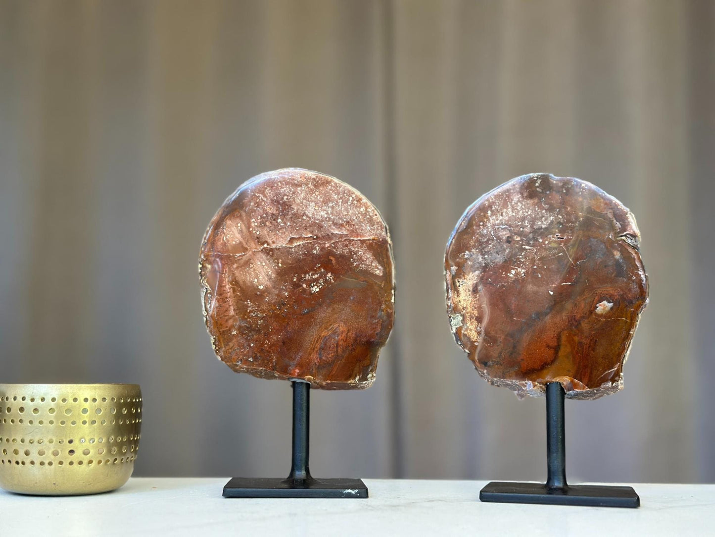 Red Jasper Slice on Stand SET, 7 in Tall Crystals in metallic base, Unique home decoration, rare finds mineral formations