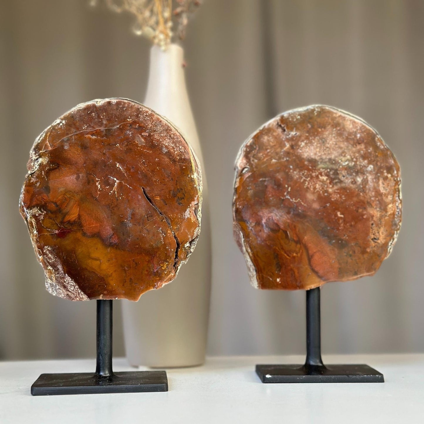 Red Jasper Slice on Stand SET, 7 in Tall Crystals in metallic base, Unique home decoration, rare finds mineral formations