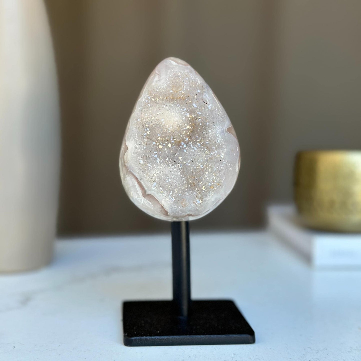 Egg Shaped Crystal on Stand, Agate and Pink Amethyst, Rare Unique Jasper and Agate Crystal on Metal Stand, Elevate your home decor