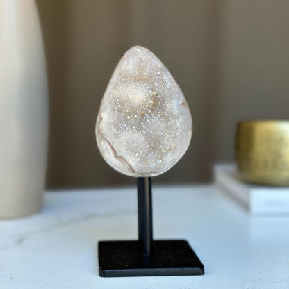 Egg Shaped Crystal on Stand, Agate and Pink Amethyst, Rare Unique Jasper and Agate Crystal on Metal Stand, Elevate your home decor
