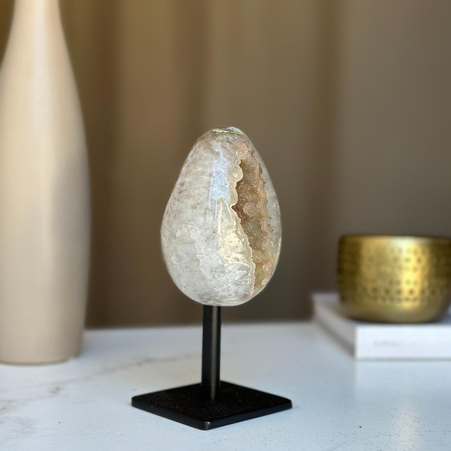 Egg Shaped Crystal on Stand, Agate and Pink Amethyst, Rare Unique Jasper and Agate Crystal on Metal Stand, Elevate your home decor