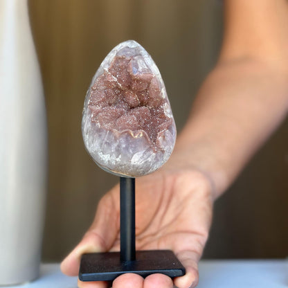 Egg Shaped Crystal on Stand, Agate and Pink Amethyst, Rare Unique Jasper and Agate Crystal on Metal Stand, Elevate your home decor