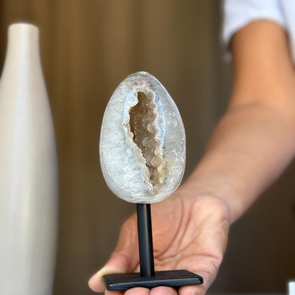 Egg Shaped Crystal on Stand, Agate and Pink Amethyst, Rare Unique Jasper and Agate Crystal on Metal Stand, Elevate your home decor