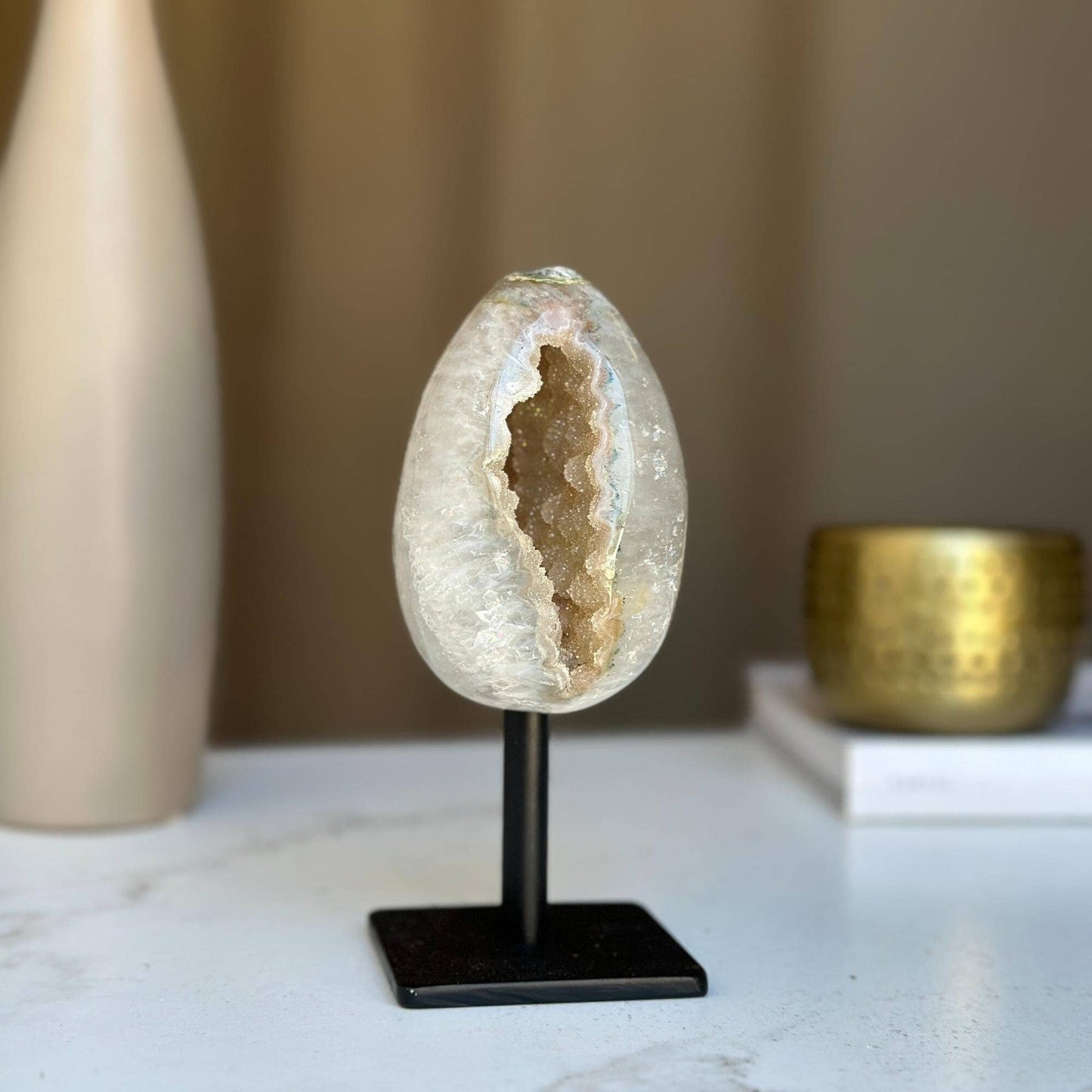 Egg Shaped Crystal on Stand, Agate and Pink Amethyst, Rare Unique Jasper and Agate Crystal on Metal Stand, Elevate your home decor