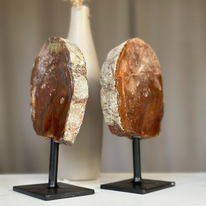 Red Jasper Slice on Stand SET, 7 in Tall Crystals in metallic base, Unique home decoration, rare finds mineral formations